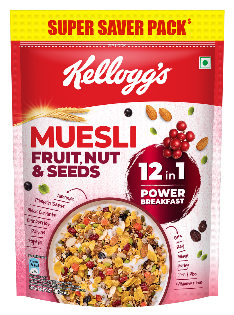 Kellogg's Muesli Fruit Nut and Seeds | 12 In 1 Power Breakfast | No Maida No Palm Oil