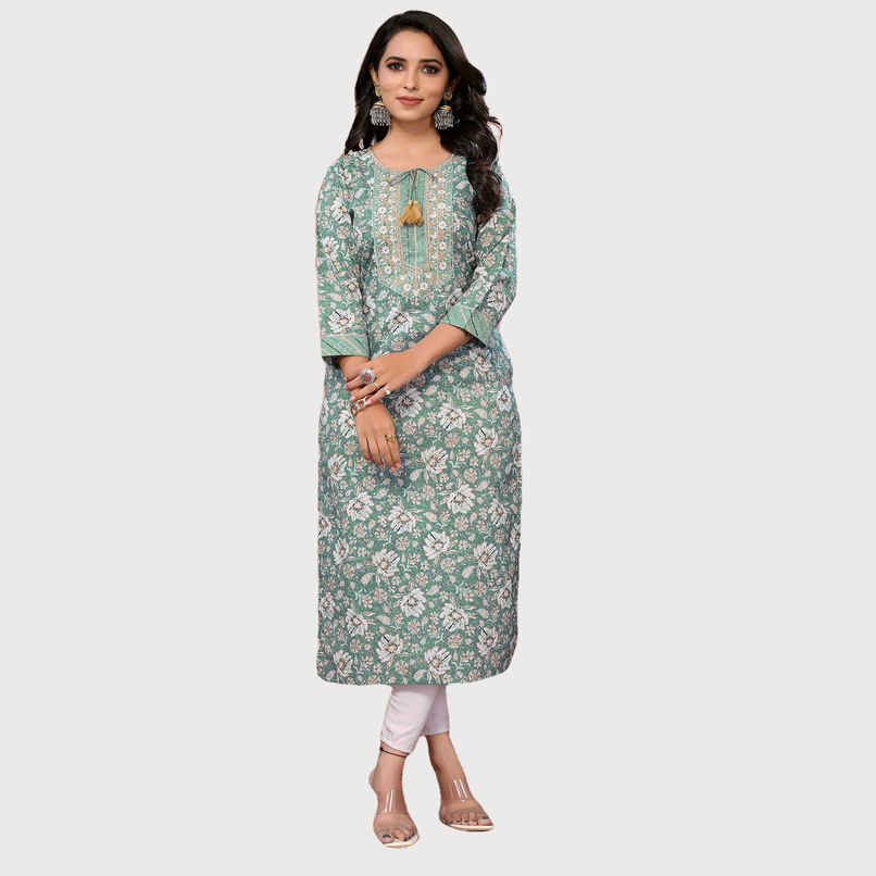 Rangita Women s Green Cotton Embroidered Calf Length Straight Kurta | S Rangita Women s Green Cotton Embroidered Calf Length Straight Kurta | S