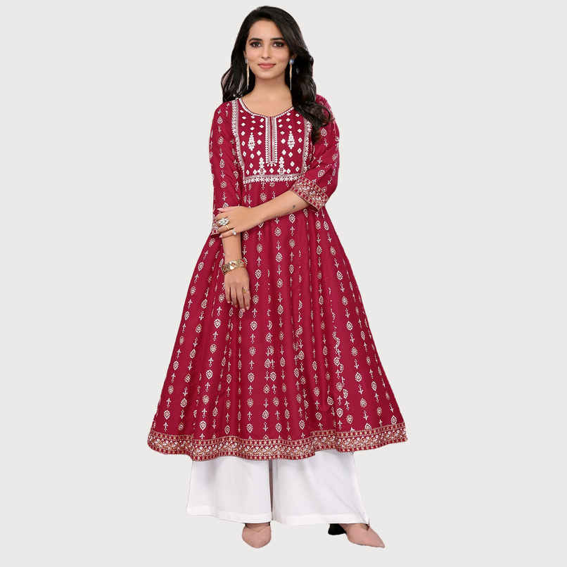 Rangita Women s Maroon Rayon Embroidered Calf Length Anarkali Kurta | XL Rangita Women s Maroon Rayon Embroidered Calf Length Anarkali Kurta | XL