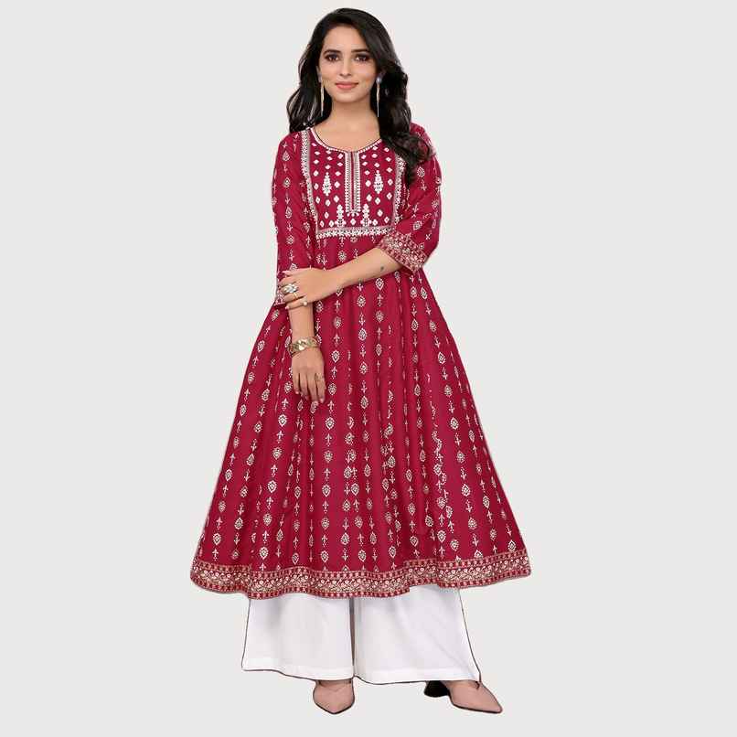Rangita Women s Maroon Rayon Embroidered Calf Length Anarkali Kurta | M Rangita Women s Maroon Rayon Embroidered Calf Length Anarkali Kurta | M