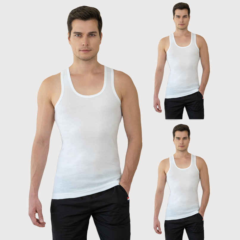 Lux Cozi Mexx Pure Cotton Round Neck Ribbed Vest | White | L | Pack Of 3