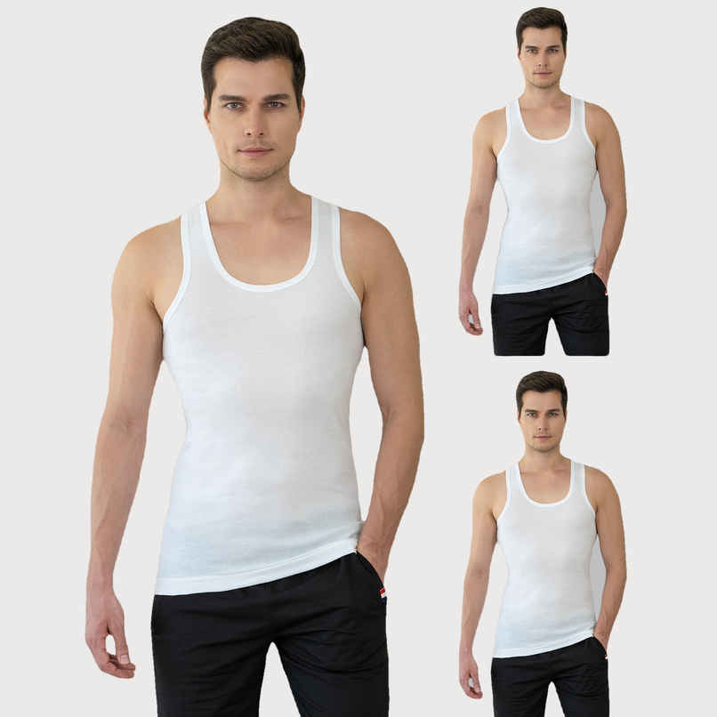 Lux Cozi Maxx Pure Cotton Round Neck Ribbed Vest | White | XXL | Pack Of 3