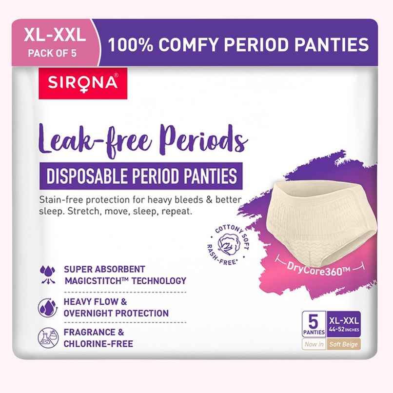 Sirona Disposable Period Panties 2XL | 5x More Absorption | 100% Rash Free | Leak-Proof | 5 pcs | Beige