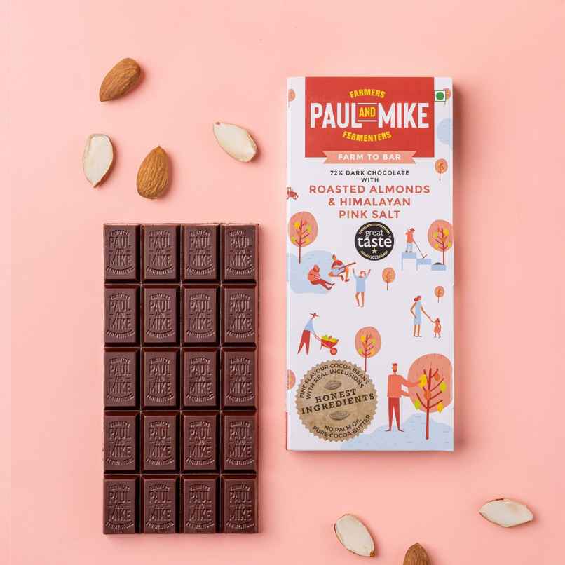 Paul And Mike 72% Dark Chocolate with Roasted Almonds & Himalayan Pink Salt