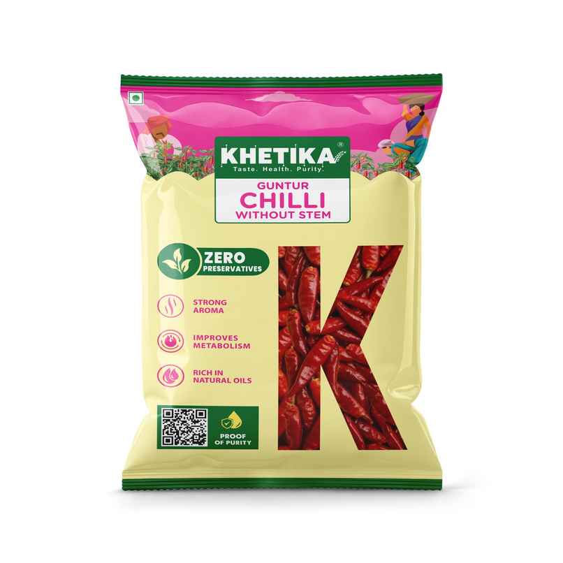Khetika Red Chilli Whole Stemless | Guntur Chilli | Strong Aroma | Zero Preservatives