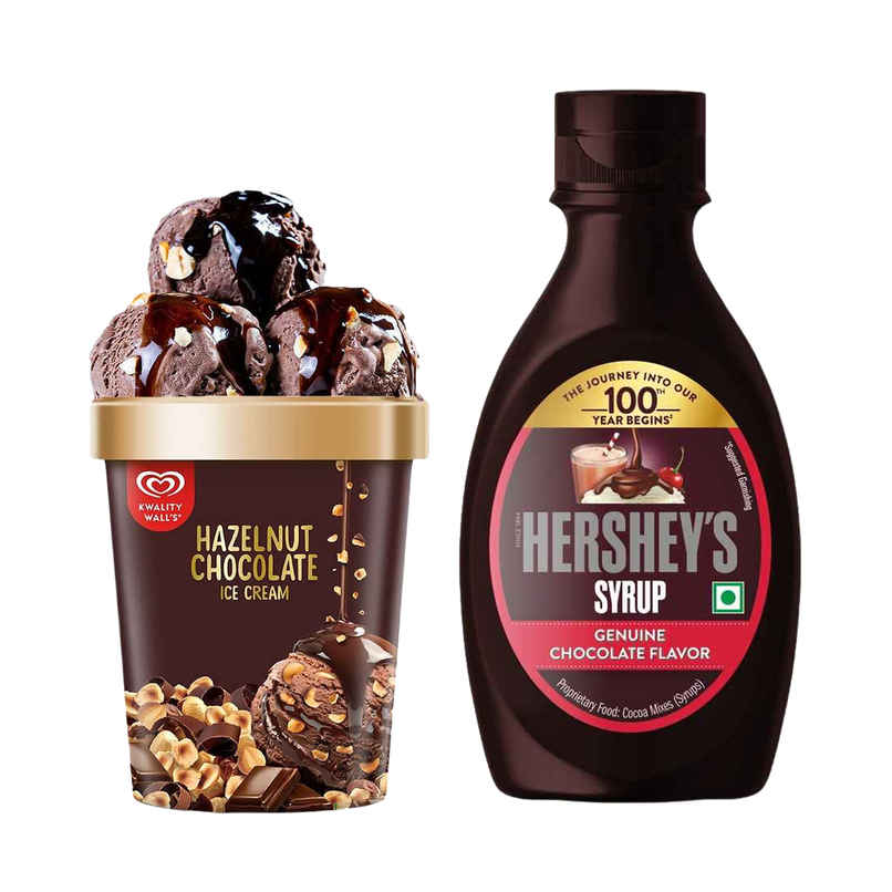 Kwality Wall'S Hazelnut Chocolate Ice Cream Tub (500ml) & Hershey'S Chocolate Syrup | Topping Sauce (180g) Combo