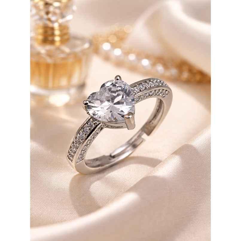 Sukkhi Stylish Rhodium Plated CZ Solitaire Heart Shaped Love Proposal Ring for Women | Free Size