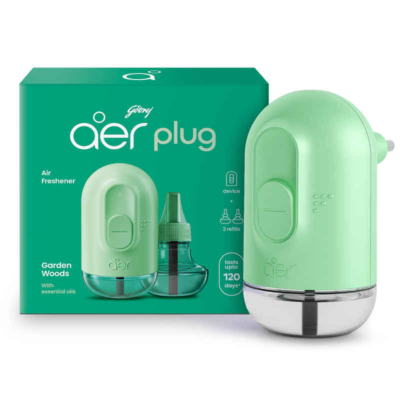 Godrej aer Plug Electric Air Freshener Machine with 2 Refills, Garden Woods Fragrance, Lasts Up to 120 Days Godrej aer Plug Electric Air Freshener Machine with 2 Refills, Garden Woods Fragrance, Lasts Up to 120 Days