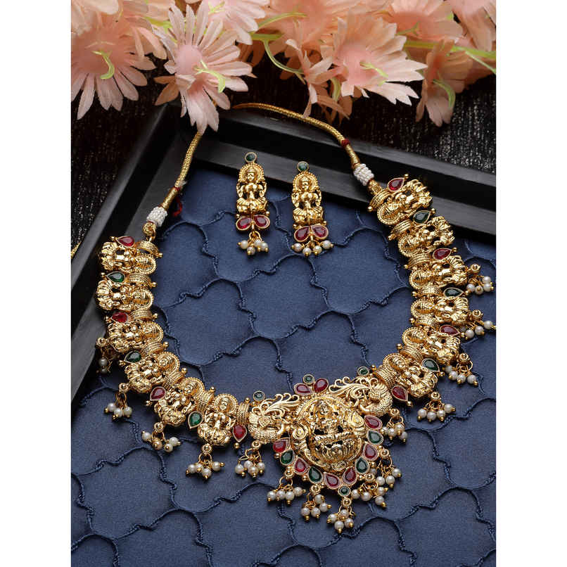 Sukkhi Traditional Gold Plated Copper Temple Choker Necklace & Earring | NS105618 Sukkhi Traditional Gold Plated Copper Temple Choker Necklace & Earring | NS105618