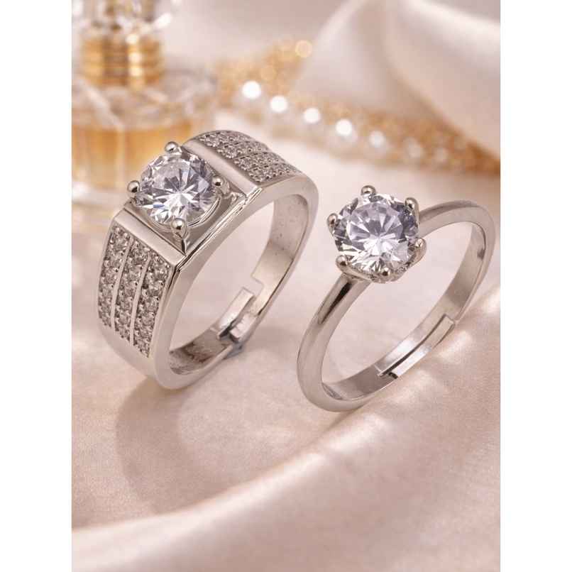 Sukkhi Delicate Rhodium Plated Solitaire CZ Studded Valentine Special Couple Ring | Free Size