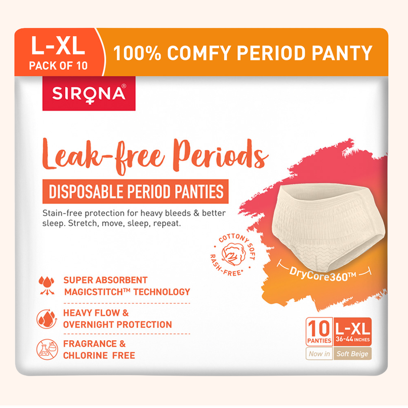 Sirona Disposable Period Panties L-XL | 5x More Absorption | 100% Rash Free | Leak-Proof | 10 pcs | Beige