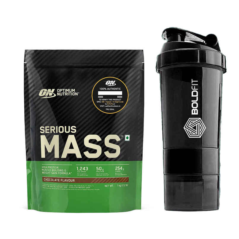 Optimum Nutrition Serious Mass Weight Gainer Powder High Protein & Calories Vegetarian Chocolate (1kg) & Boldfit Spider Gym Shaker Bottle (1pc) Combo