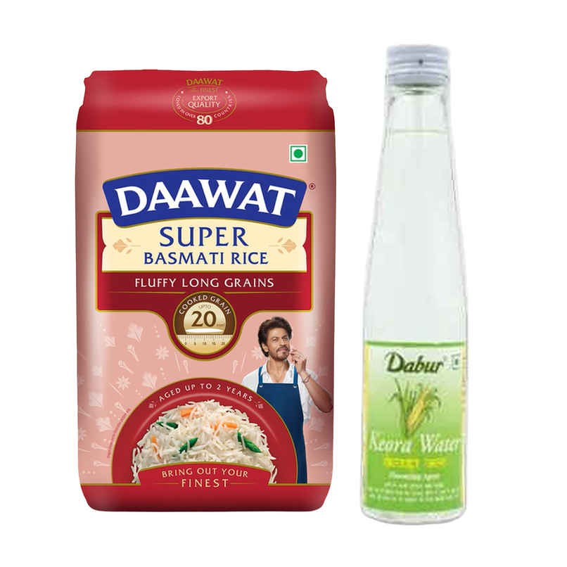 Daawat Super Basmati Rice | Long Grain (1kg) & Dabur Keora Water - Authentic Flavour For Biryanis And Desserts (250ml) Combo