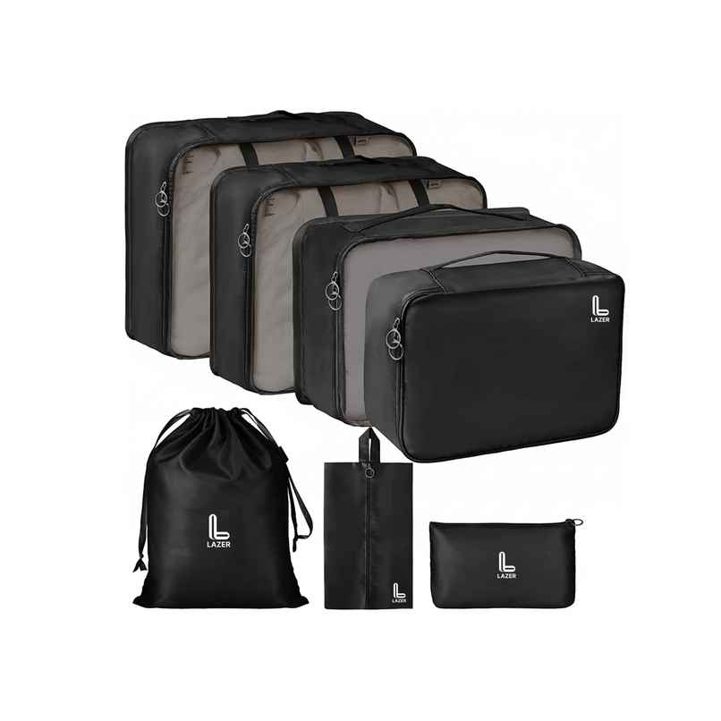 Lazer Polyester Travel Organizer Bag 3 Packing Cubes + 3 Pouches + 1 Toiletry Organizer Bag | Black