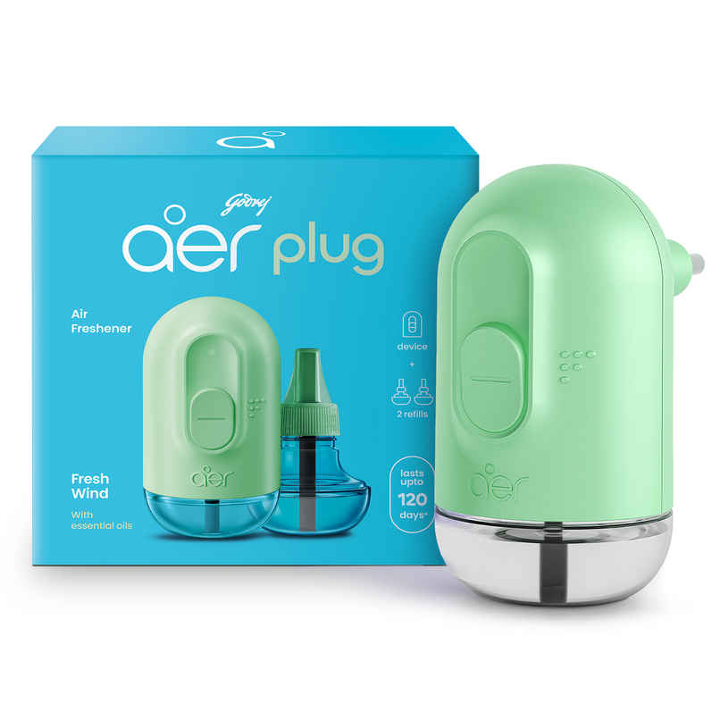 Godrej aer Plug Electric Air Freshener Machine with 2 Refills, Fresh Wind Fragrance, Lasts Up to 120 Days Godrej aer Plug Electric Air Freshener Machine with 2 Refills, Fresh Wind Fragrance, Lasts Up to 120 Days