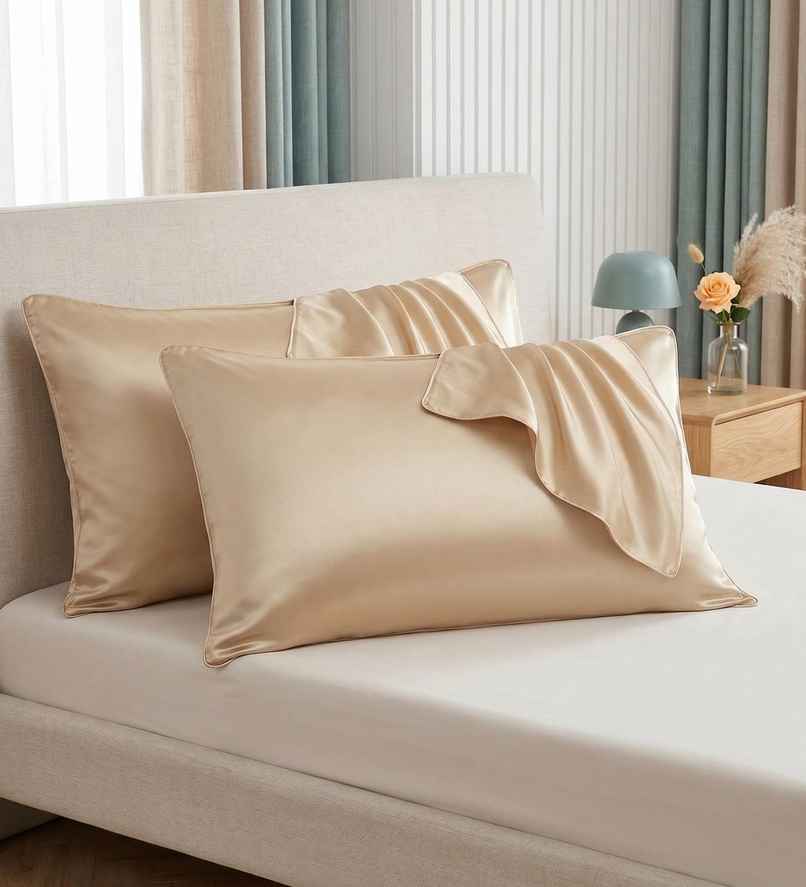 Casacraft by Pepperfry Beige Solid 400 TC Silk 2 Pillow Covers With 3 Scrunchies Free Casacraft by Pepperfry Beige Solid 400 TC Silk 2 Pillow Covers With 3 Scrunchies Free