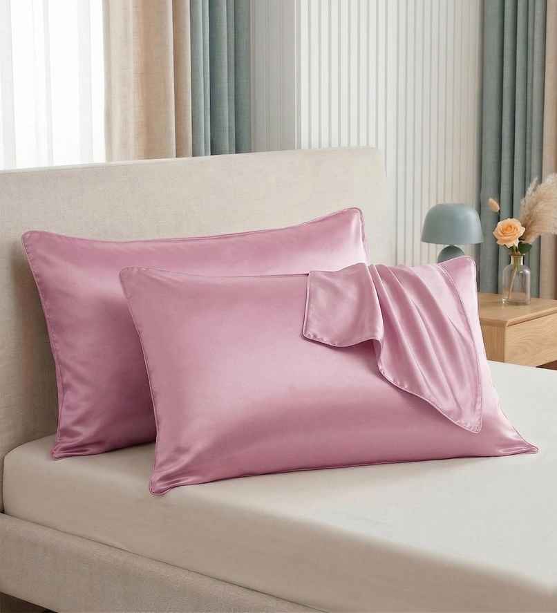 Casacraft by Pepperfry Pink 400 TC Silk 2 Pillow Cover With 3 Assorted Scrunchie Free Casacraft by Pepperfry Pink 400 TC Silk 2 Pillow Cover With 3 Assorted Scrunchie Free