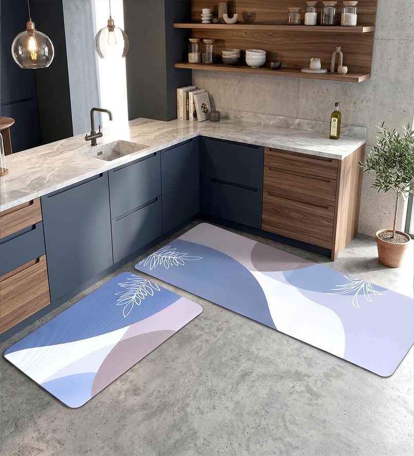 CasaCraft Pepperfry Set of 2 Abstract Multicolor 120x40cm & 40x60cm Leaf Print Kitchen & Door Mats
