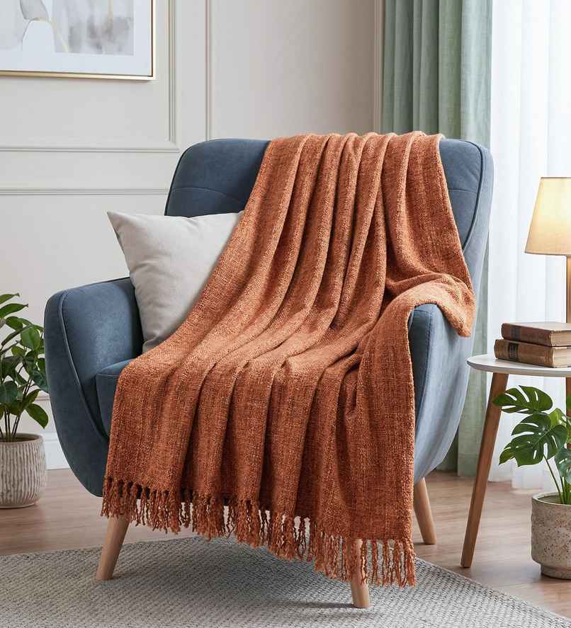 CasaCraft Pepperfry Sofa Covers Rust 51x71 Inch Reversible Soft Chenille Polyester Blanket for Home