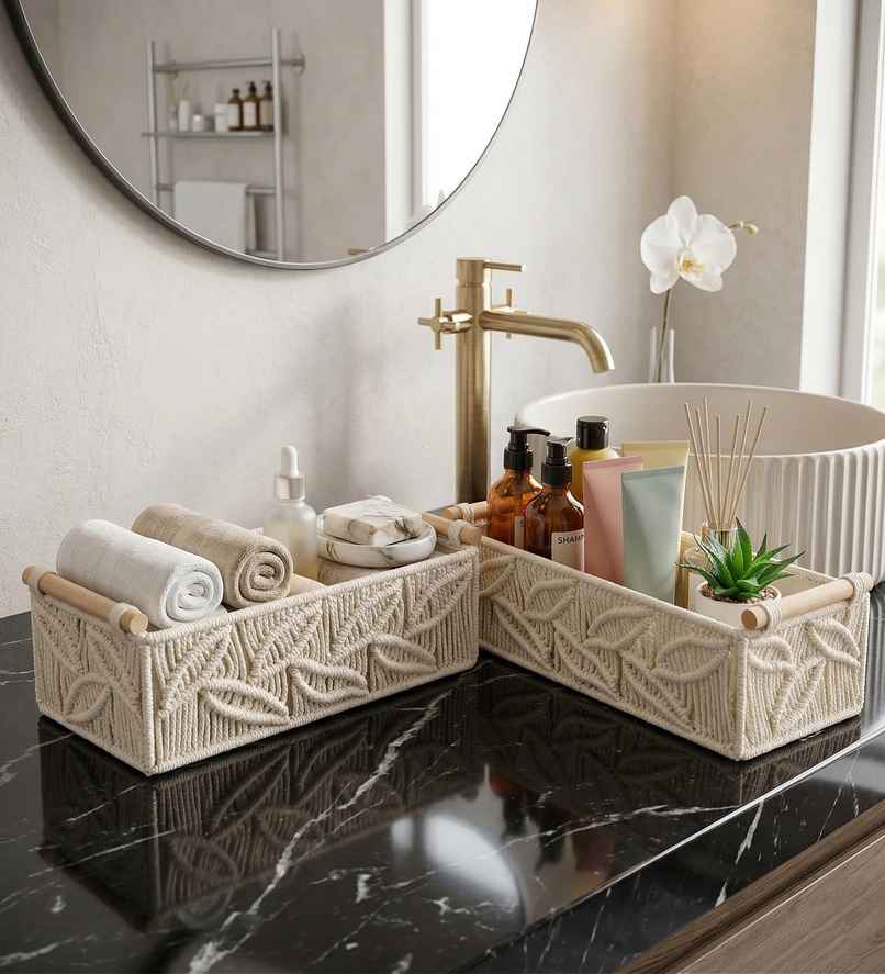 CasaCraft Pepperfry Leaf Macrame Set of 2 OffWhite Cotton Rope Organizer Baskets with Wooden Handle CasaCraft Pepperfry Leaf Macrame Set of 2 OffWhite Cotton Rope Organizer Baskets with Wooden Handle