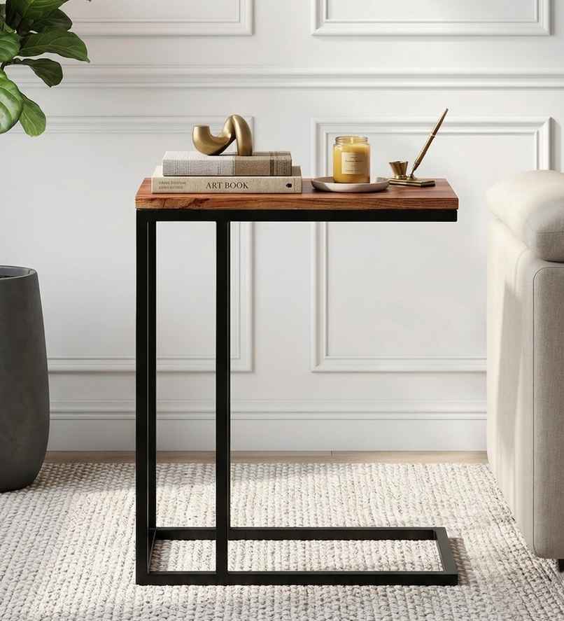 Casacraft by Pepperfry Woodsworth Metalico Solid Wood C Shaped Table in Natural Finish