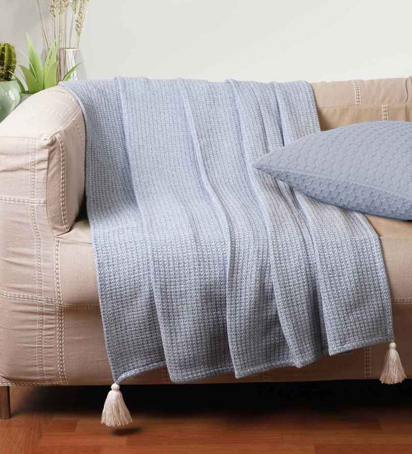Casacraft by Pepperfry Cotton Sofa Throw Blanket | Soft Couch Throw | Blue | 20 x 24 in
