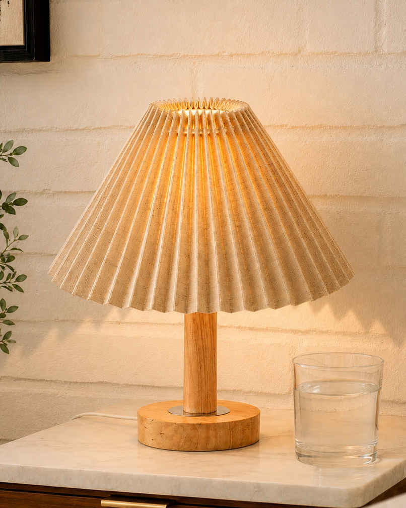 Homesake PineFold Wooden Table Lamp | Desk & Nightstand Lamp | Khadi Pleated Shade