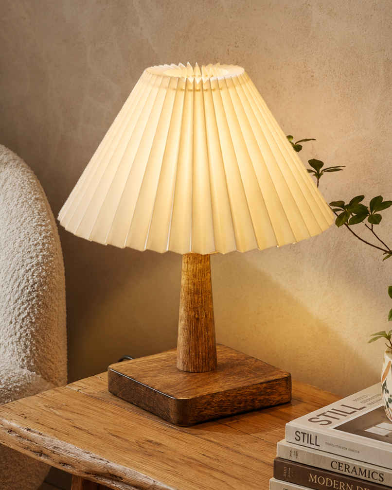 Homesake Kyoto Wooden Table Lamp Desk Lamp Lamp for Bedroom Living Room | Off White Pleated Shade