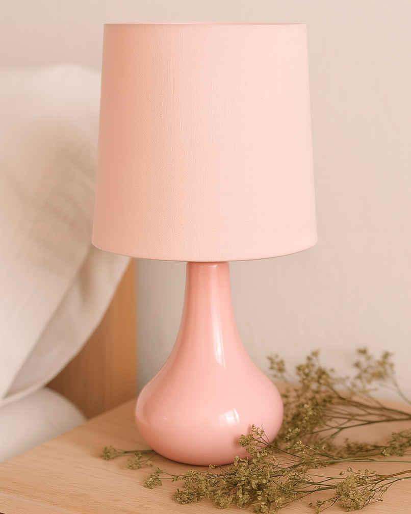Homesake Modern Ceramic Bedside Lamp with Pink Fabric Shade Homesake Modern Ceramic Bedside Lamp with Pink Fabric Shade