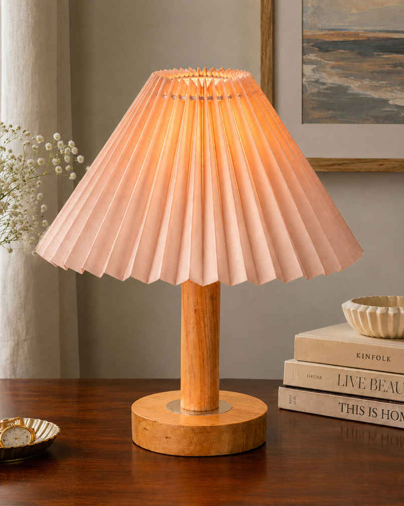 Homesake PineFold Wooden Table Lamp | Desk & Nightstand Lamp | Pink Pleated Shade