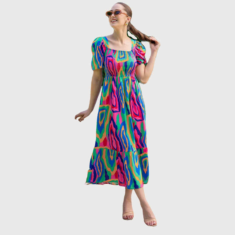 Sheetal Women's Abstract Printed Square Neck Fit-Flare Dress | DR11433 | Multicolor - L Sheetal Women's Abstract Printed Square Neck Fit-Flare Dress | DR11433 | Multicolor - L