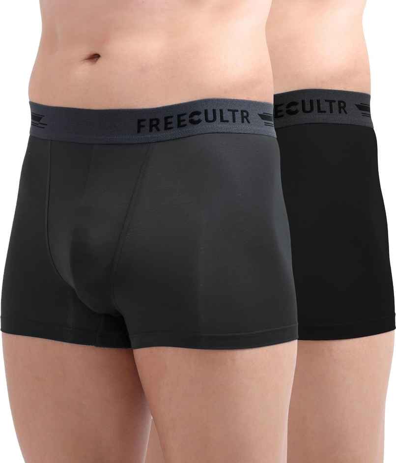 FREECULTR Men's Anti Bacterial Micromodal Airsoft Trunk- Sweat Proof, PO2 ,Ash Grey/Pot Black-S