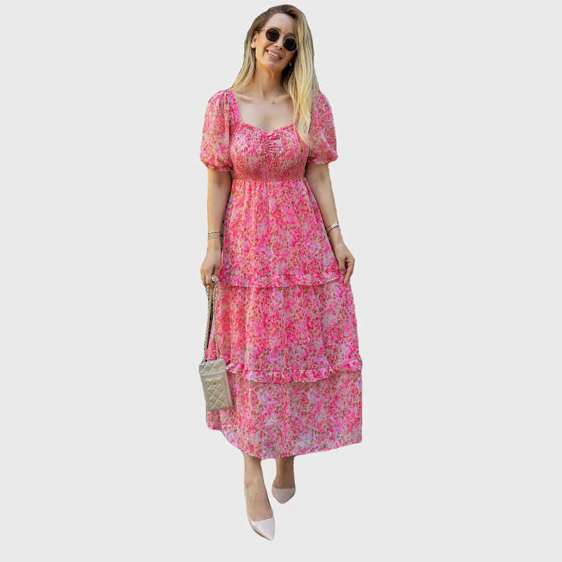 Sheetal Women's Floral Georgette Neck Fit & Flare Maxi Dress | DR11264 | Pink - L Sheetal Women's Floral Georgette Neck Fit & Flare Maxi Dress | DR11264 | Pink - L
