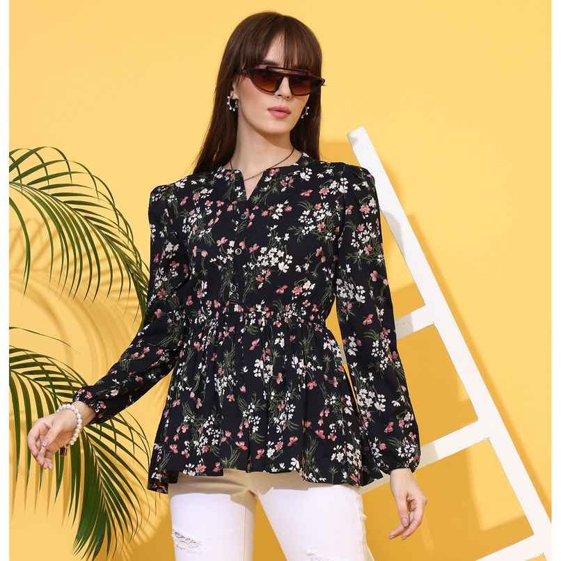 Sheetal Women's Floral Printed Mandarin Collar Top | 5201 | Black - XL
