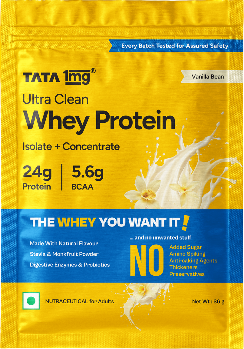 Tata 1mg Ultra Clean Whey Protein | 24g Protein, 5.6g BCAA | Vanilla Bean | 1 Sachet