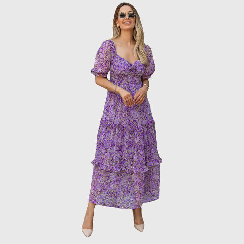 Sheetal Women's Floral Print Georgette Tiered Maxi Dress | DR11266 | Purple - L