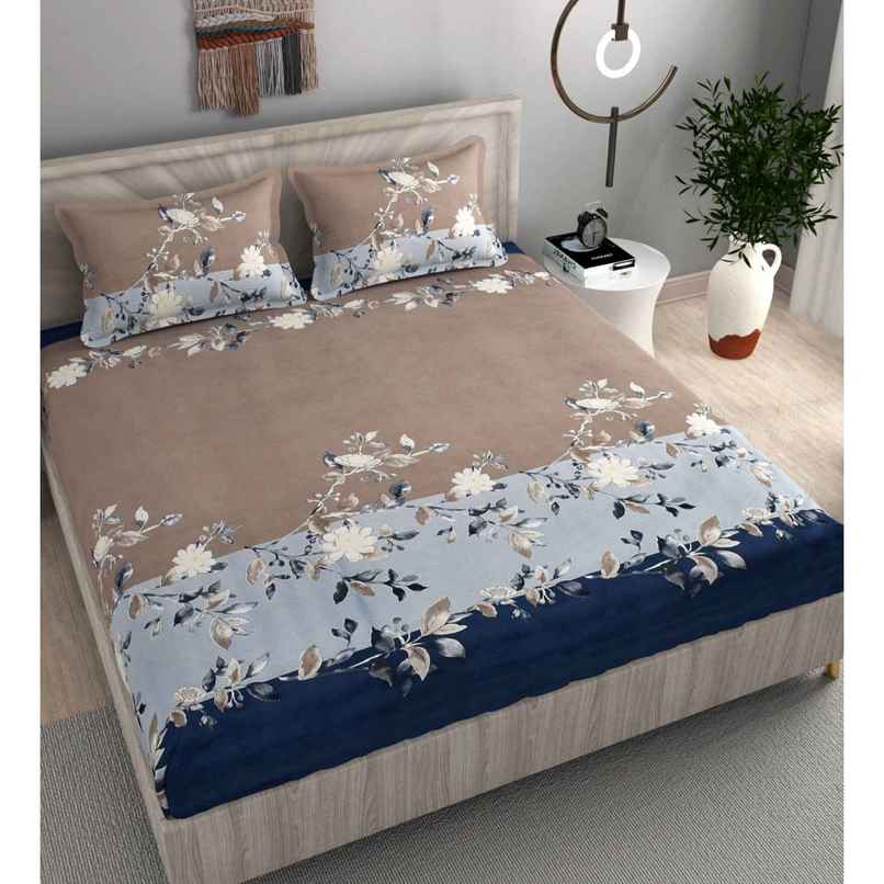 Casacraft by Pepperfry Fitted King Size Floral 220 TC Bedsheet | With 2 Pillow Cover | Brown & Blue