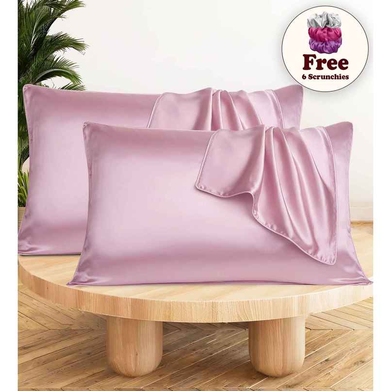 Casacraft by Pepperfry Pink Solid 400 TC Silk 4 Pillow Covers With 6 Scrunchies Free