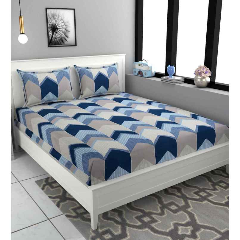 Casacraft by Pepperfry Grey and Blue Abstract 180 TC Double Bedsheet With 2 Pillow Covers