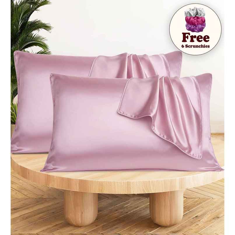 Casacraft by Pepperfry Pink 400 TC Silk 2 Pillow Cover With 3 Assorted Scrunchie Free