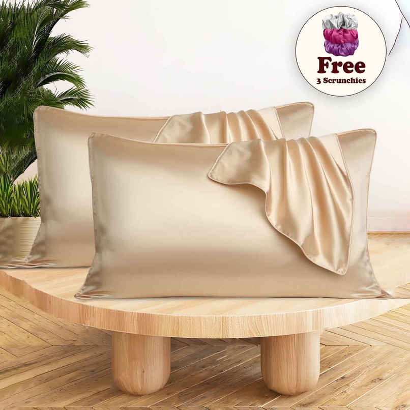 Casacraft by Pepperfry Beige Solid 400 TC Silk 2 Pillow Covers With 3 Scrunchies Free