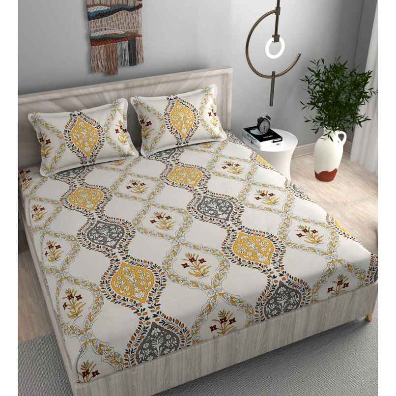 Casacraft by Pepperfry Fitted King Abstract 220 TC Microfiber Bedsheet, 2 Pillow Covers | White