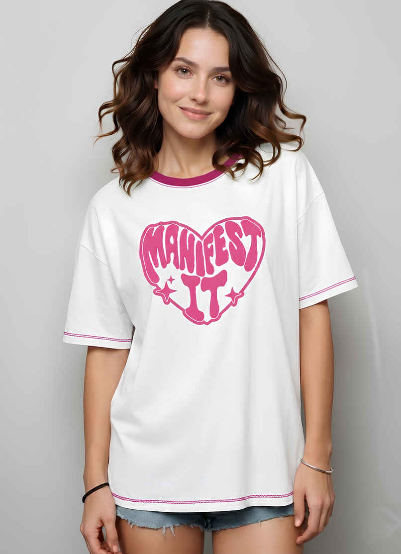 Smartees Women's Oversize Puff Printed Tshirt | White - L