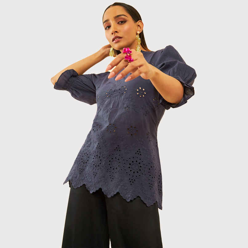 Soch Women's Blue Cotton Schiffli Tunic With Thread Work L