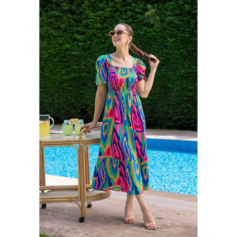 Sheetal Women's Abstract Printed Square Neck Fit-Flare Dress | DR11433 | Multicolor - XL