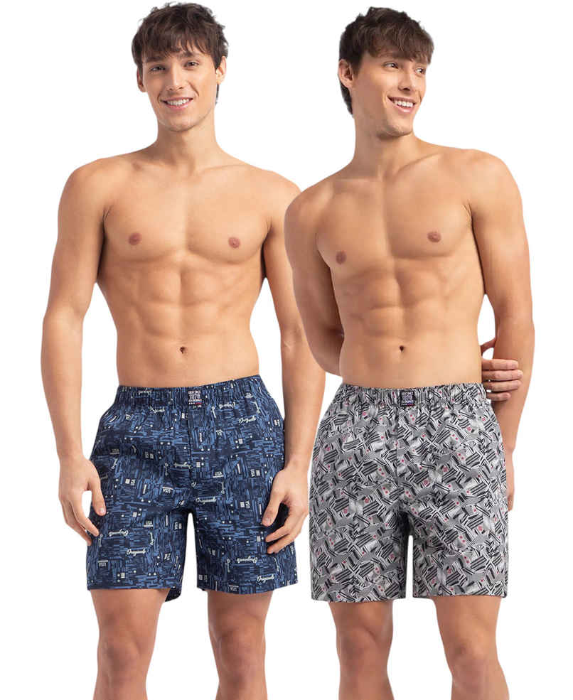 Jockey US57 Men's Cotton Printed Boxer | Side Pockets | Navy & Nickel-2XL