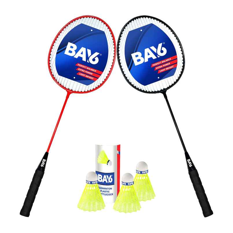 BAY6 Smash Badminton Kit | 2 Rackets, 3 Pcs Plastic Shuttle | Red & Black