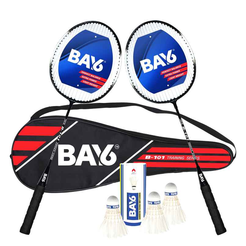 BAY6 B-101 Badminton Kit 2 Rackets, 1 Full Cover& 1 Box Feather Shuttlecocks Pack of 3 | Black