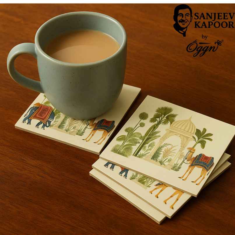 Sanjeev Kapoor by OGGN Elephant Printed MDF Coaster Set of 4 - Coffee Mug & Glasses (4 Inch )