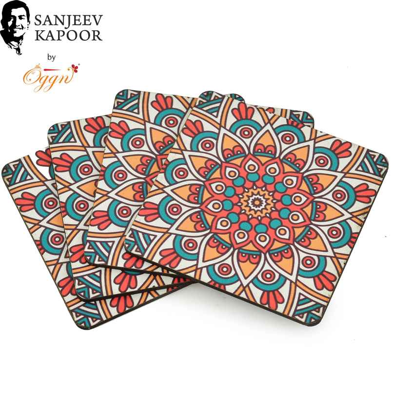 Sanjeev Kapoor by OGGN Vista Printed MDF Coaster Set of 4 - Coffee Mug & Glasses (4 Inch )